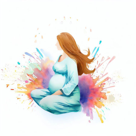 Pregnant woman with colorful splashes on white background. Vector illustration.の素材