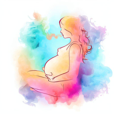 Pregnant woman on colorful watercolor background. Vector illustration.の素材