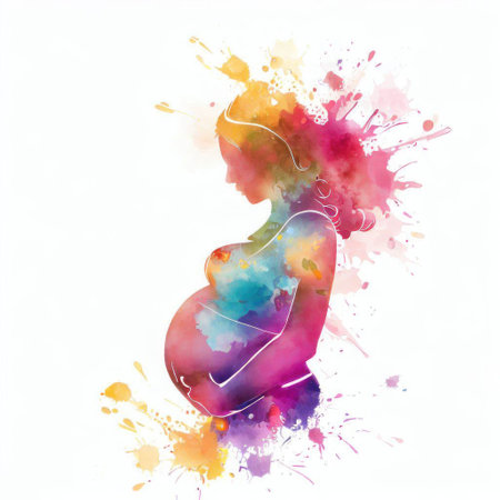 Pregnant woman silhouette with colorful watercolor splashes on white backgroundの素材