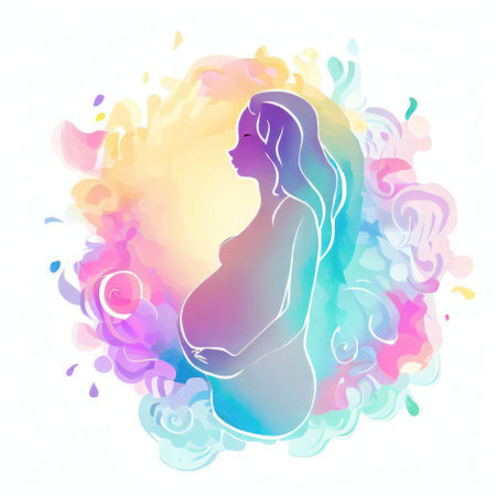Pregnant woman silhouette on colorful watercolor background. Vector illustration.の素材