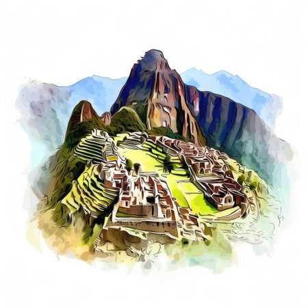 Mountain village in the mountains. Digital watercolor painting on white backgroundの素材