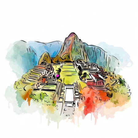 Cable car in the mountains. Watercolor hand drawn illustration.の素材