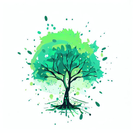 Abstract green tree with watercolor splashes. Hand drawn vector illustration.の素材