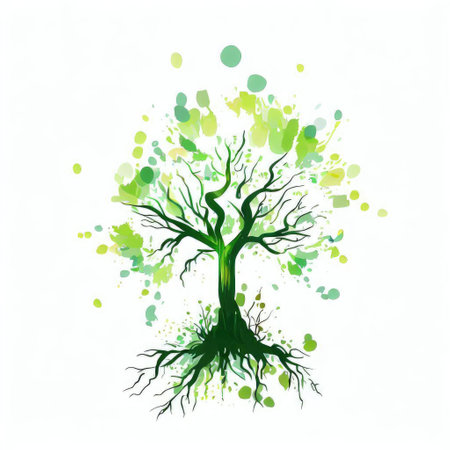 Abstract green tree on white background with watercolor splashes. Vector illustration.の素材