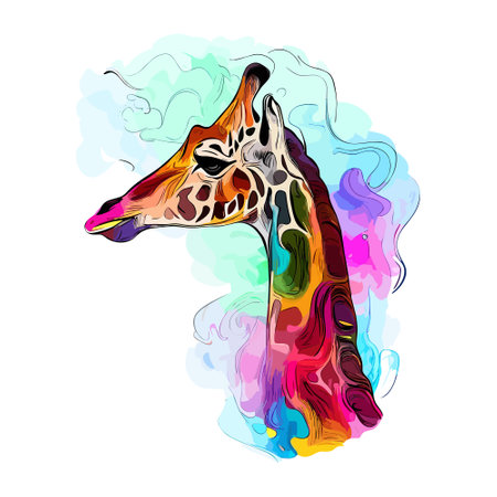 Giraffe head on colorful watercolor background. Vector illustration.の素材