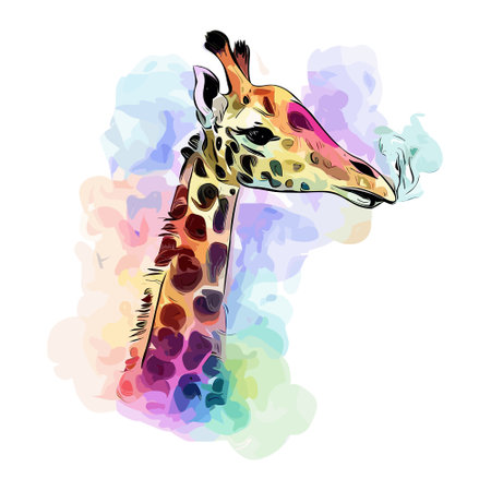 Giraffe head on colorful watercolor background. Vector illustration.の素材