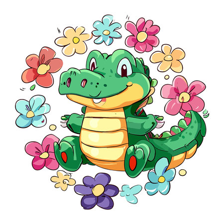 Cute crocodile and flowers on white background. Vector illustration.のイラスト素材