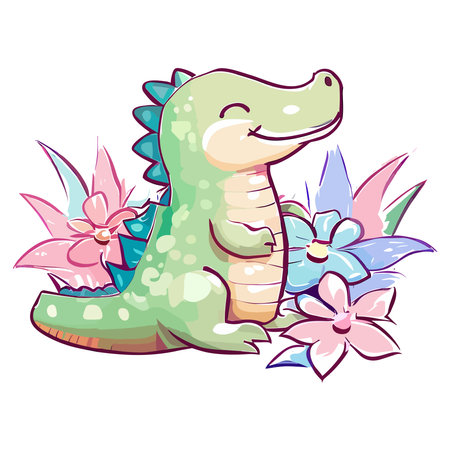 Cute crocodile with flowers. Vector illustration. Cartoon style.のイラスト素材