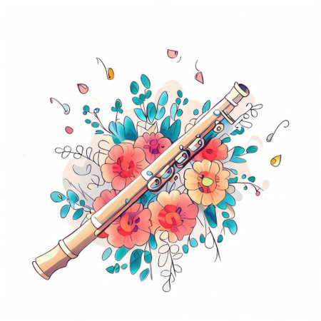 Flute with floral ornament on white background. Vector illustration in watercolor style.の素材