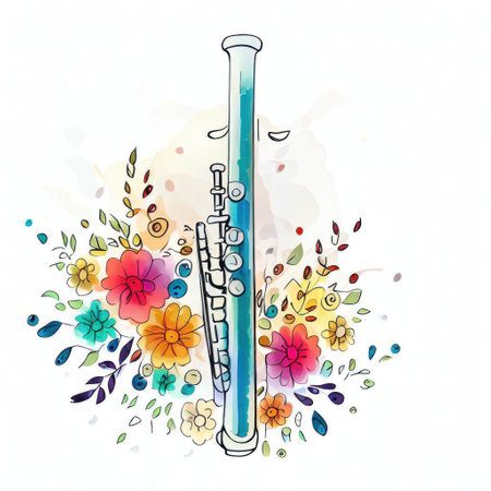 Illustration of a clarinet with colorful flowers on a white backgroundの素材