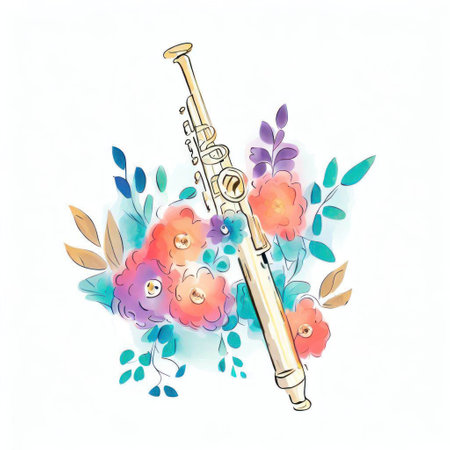 Watercolor illustration of a clarinet and flowers on a white backgroundの素材