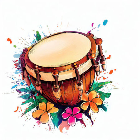Djembe drum with colorful splashes. Vector illustration.の素材