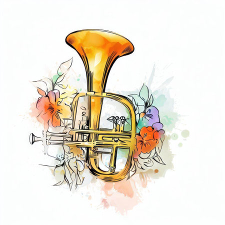 Trumpet with flowers on watercolor splashes background. Vector illustration.の素材
