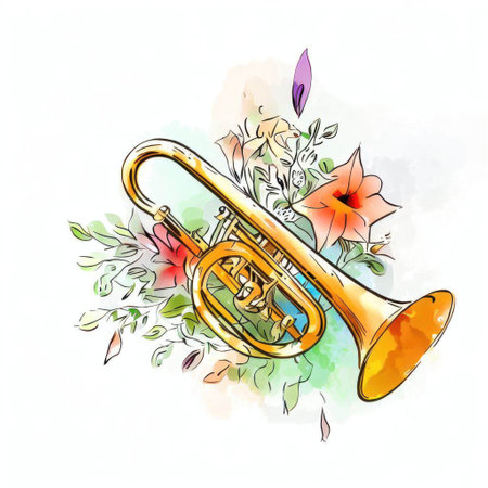 Vector illustration of a trumpet with flowers on a watercolor background.の素材