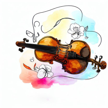 Watercolor hand drawn violin and flowers on watercolor background. Vector illustration.の素材