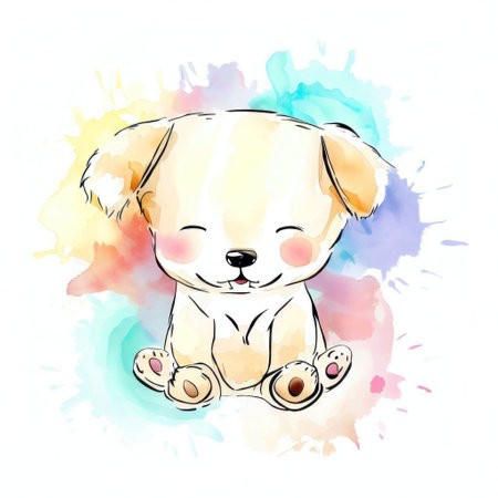 Cute puppy with watercolor splashes. Hand drawn illustration.の素材