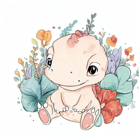 Cute cartoon baby with floral elements. Hand drawn vector illustration.の素材