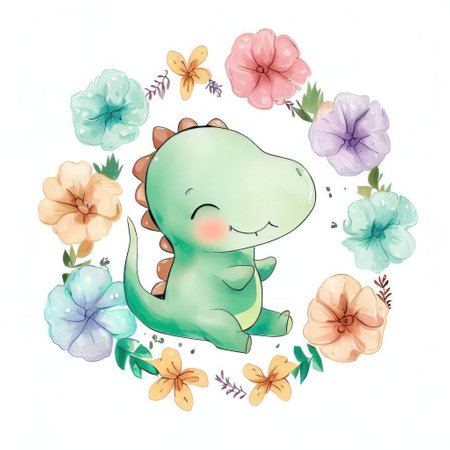 Cute dinosaur with flowers. Hand drawn watercolor vector illustration.の素材