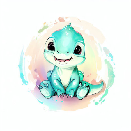 Cute cartoon baby dinosaur on watercolor background. Vector illustration.の素材