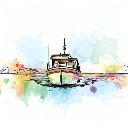 Boat on the watercolor background. Hand drawn vector illustration.の素材