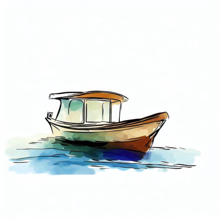 Boat on the sea. Hand drawn illustration on white background.の素材