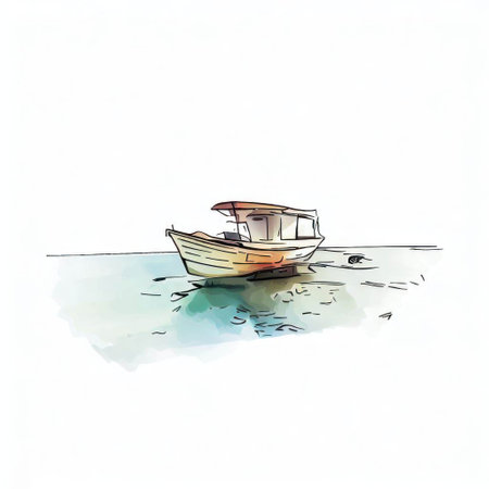 Boat in the sea. Hand drawn watercolor illustration on white background.の素材