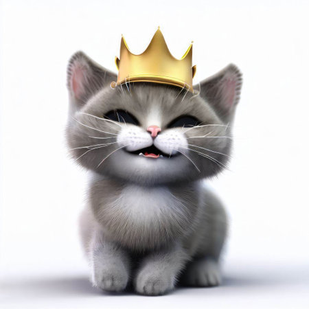 Funny cat with golden crown. Isolated on white background.の素材