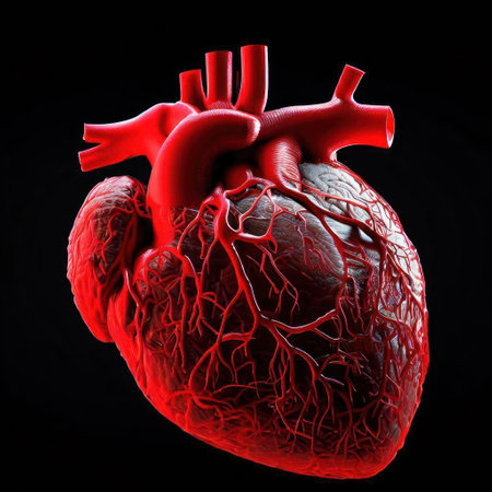 Human heart isolated on black background. 3D illustration. Full depth of field.の素材