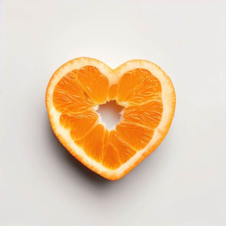 Slice of orange in the shape of a heart on a white backgroundの素材