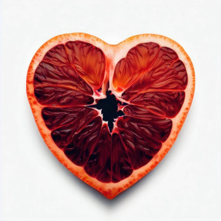 Red blood orange in the shape of a heart on a white backgroundの素材