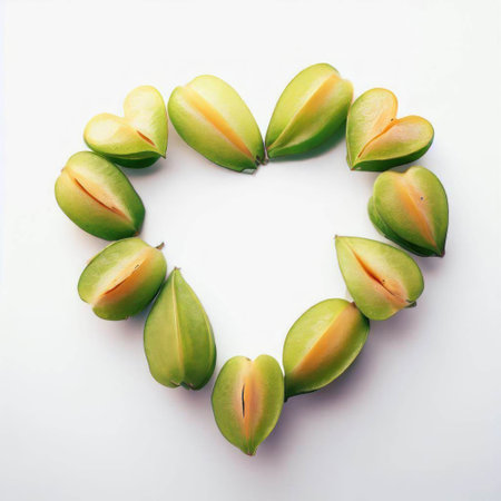 Star fruit heart shape on white background, top view, copy spaceの素材