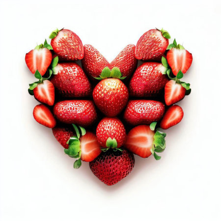 Strawberries in heart shape on white background. Healthy food concept.の素材