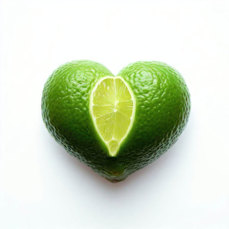 Lime in the shape of a heart on a white background.の素材