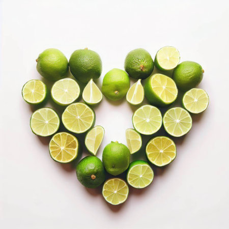 Lime slices in heart shape on white background. Top view.の素材