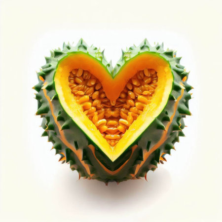 Kiwano in heart shape on white background, close up.の素材