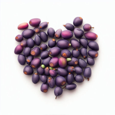 Heart made of purple acai berries on white background, top viewの素材