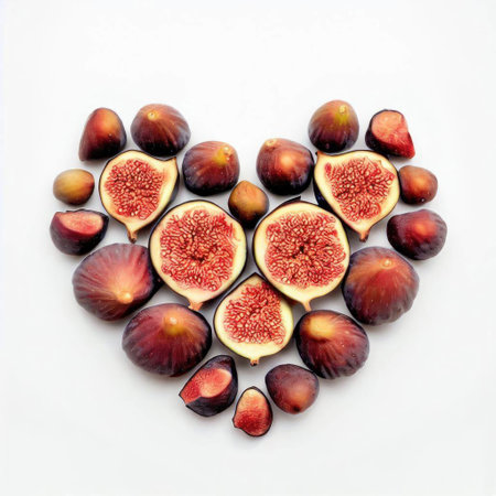 Heart shape made of figs on white background. Top view.の素材