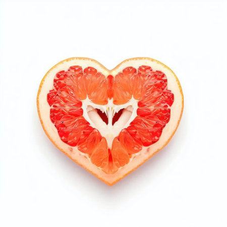 Grapefruit slice in heart shape on white background, top viewの素材