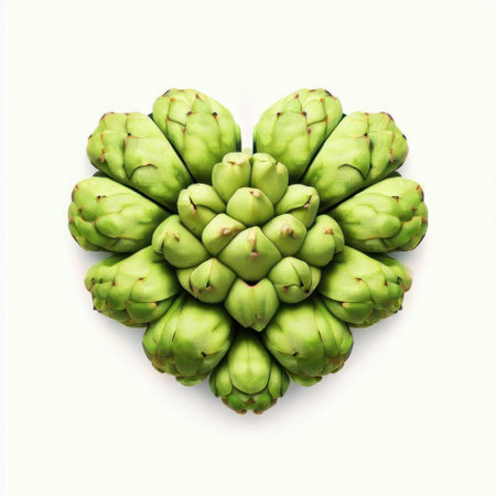 Green artichoke in heart shape on white background, top viewの素材