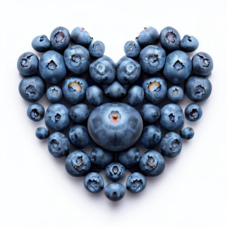 Heart shape made of fresh blueberries on white background, top viewの素材