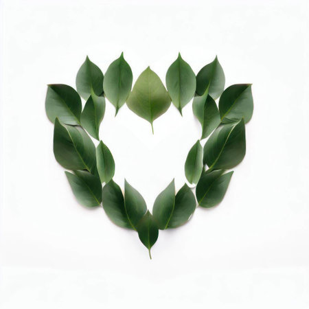 Heart made of green leaves on white background. Flat lay, top view.の素材
