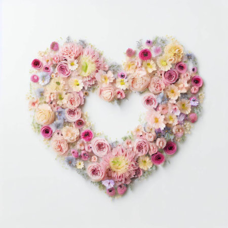 Heart made of flowers on white background. Flat lay, top viewの素材