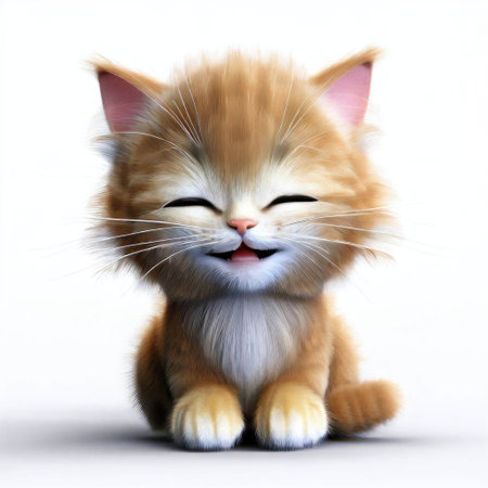 Cute little kitten with funny expression on white background, 3D renderingの素材