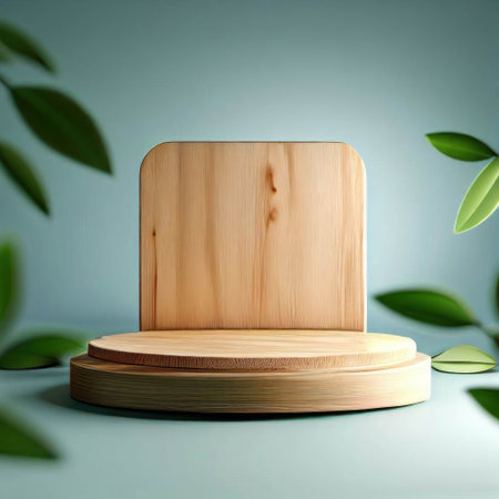 Wooden podium for product presentation with green leaves. 3D renderingの素材