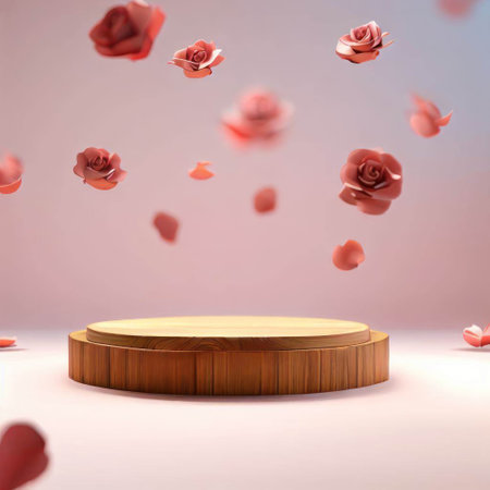 Wooden podium for product display with flying rose petals. 3D renderingの素材
