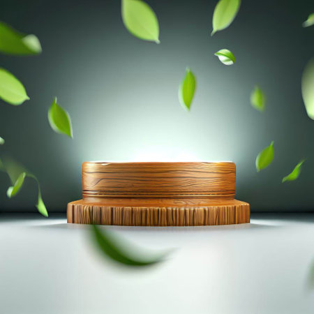 Wooden platform for product presentation with green leaves flying in the airの素材