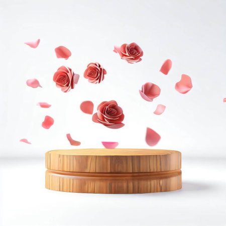 Wooden podium with rose petals on white background. 3d renderingの素材