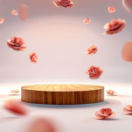 Wooden podium with rose petals floating in the air. 3D renderingの素材