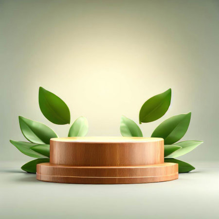 Wooden podium with green leaves on gray background. 3d renderの素材