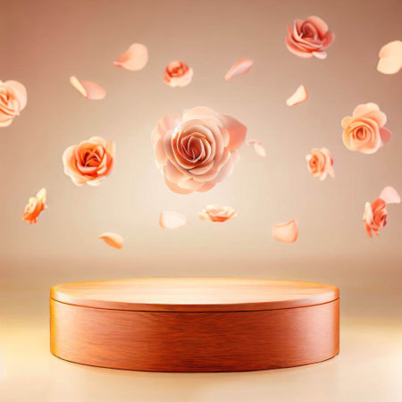 Wooden podium with pink rose petals. 3D rendering.の素材